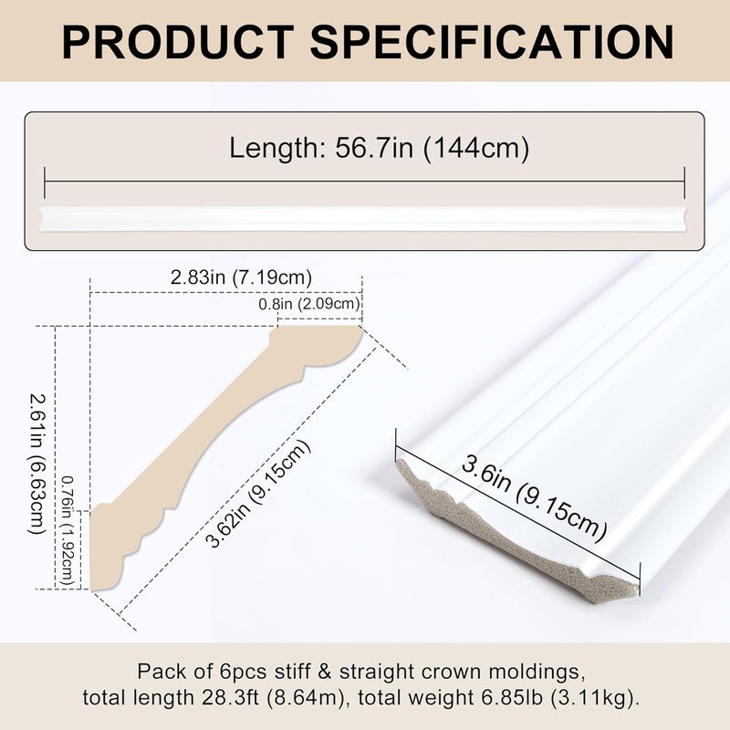 Hungbak 6 Pack Ceiling Crown Molding Trim for Home Decor, 56.7" Long x 3.6" Face - Image 3